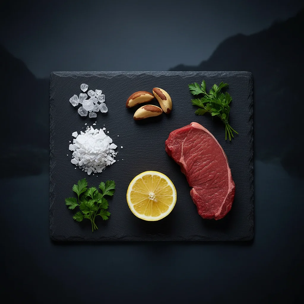 Naturliga ingredienser i Alpha Drive - magnesium, zink, selen, vitamin C, L-karnitin på mörk stenbakgrund